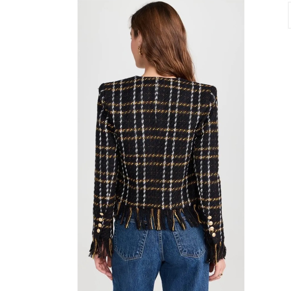 L’AGENCE Belmont Fringe Tweed Jacket Black Yellow Plaid Gold Buttons NWT Size 8 - Picture 14 of 16
